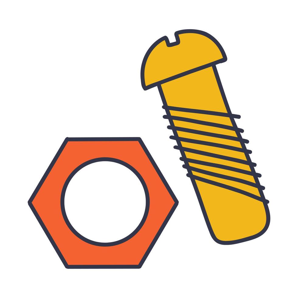 Stylized illustration of a yellow screw with a slotted head and an orange hexagonal nut, representing hardware tools and mechanical connection vector