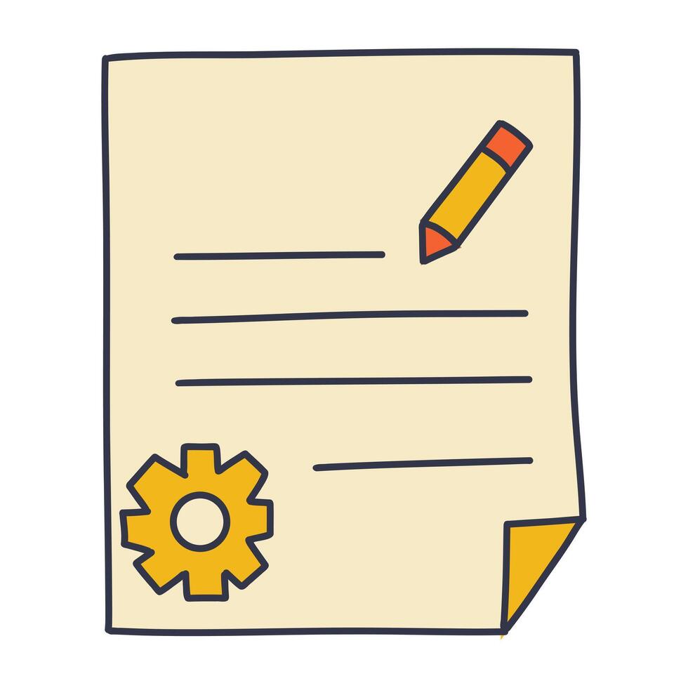 Hand-drawn illustration of a piece of paper with text lines, a pencil, and a gear icon, representing planning or mechanical design. vector
