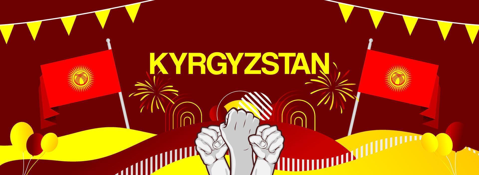 Eye-catching invitation card design for Kyrgyzstan Independence Day. Featuring the national flag and raised hands, it's ideal for all celebrations. vector