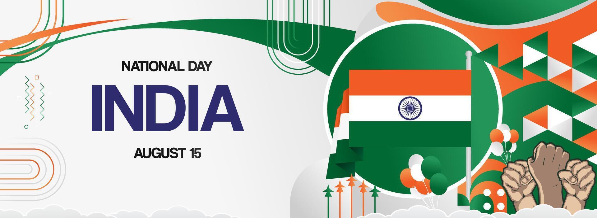 Express your patriotic spirit with abstract backgrounds for India's Independence Day, featuring raised hands and flag colors for various uses. vector