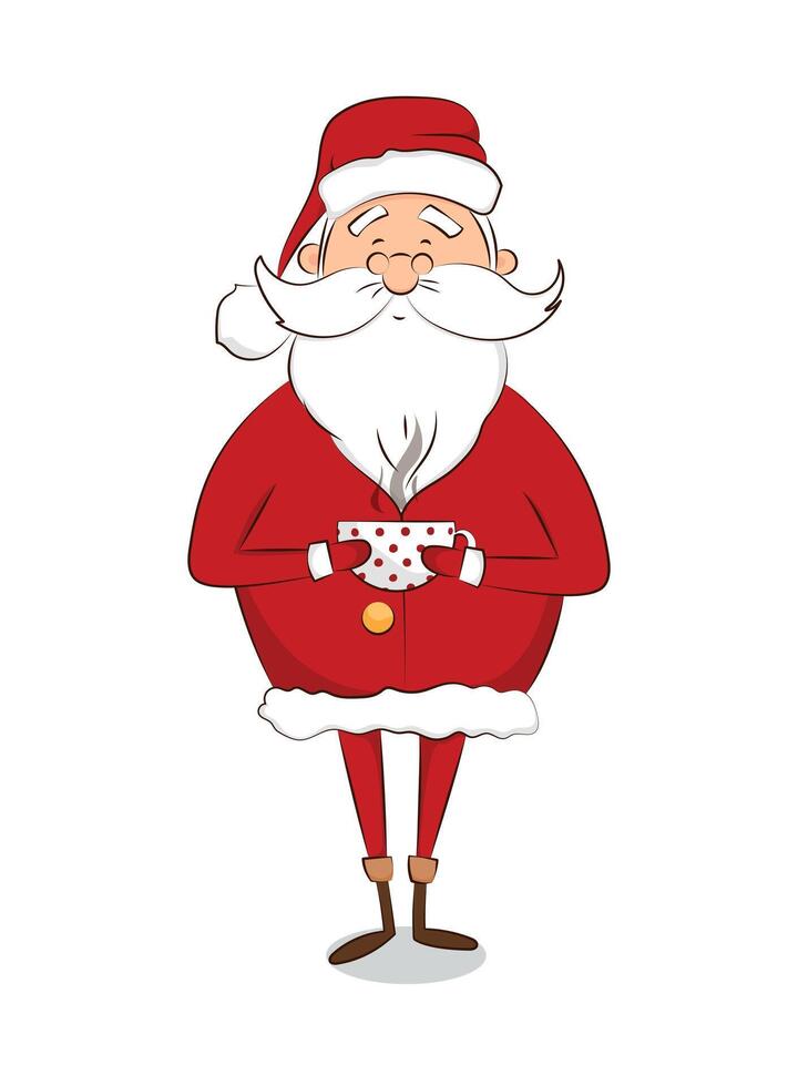 Kind Santa Claus on a white background with a cup of coffee in his hands vector