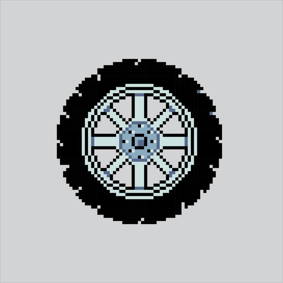 Pixelated Car Tire. Adventure Wheel Tire Car Icon pixelated for the pixel art game and icon for website and game. old school retro. vector