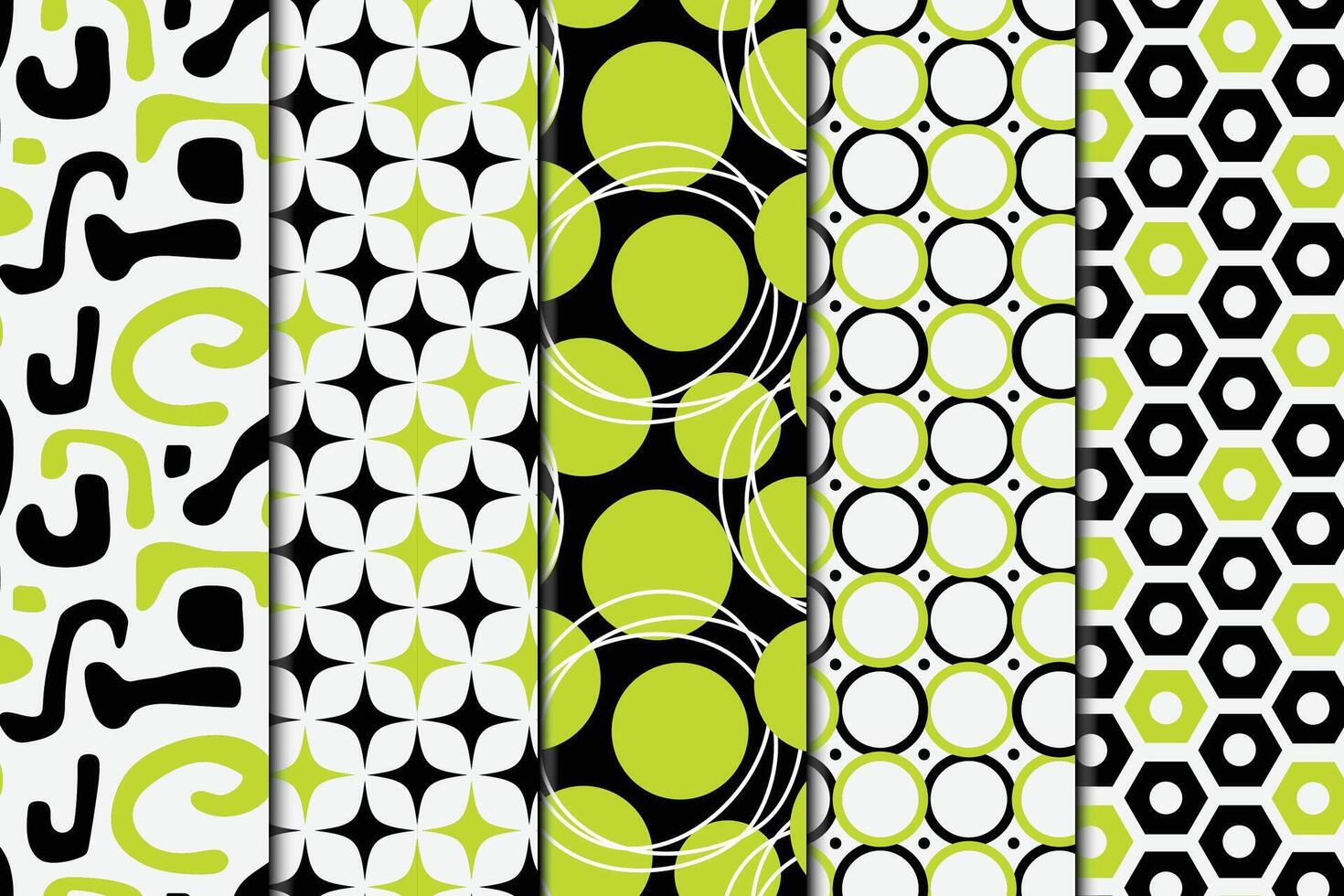 Geometric bright green and black shapes texture seamless repeat pattern set vector
