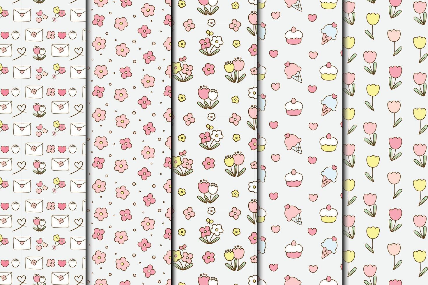 Cute kawaii cartoon illustrations seamless repeat pattern set vector