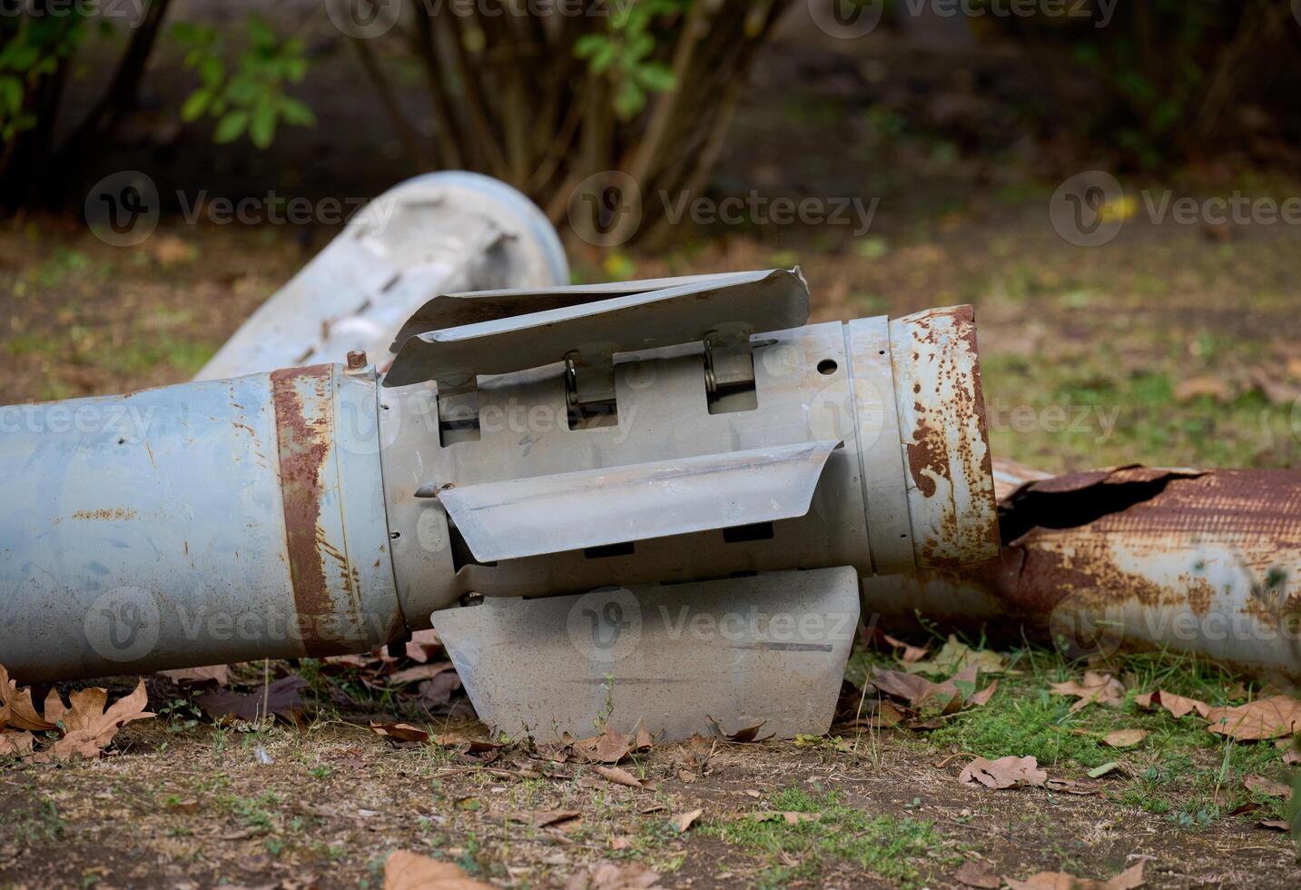 The tail section of a 220 mm rocket for the Uragan rocket fire system on a city flowerbed in Mykolaiv photo