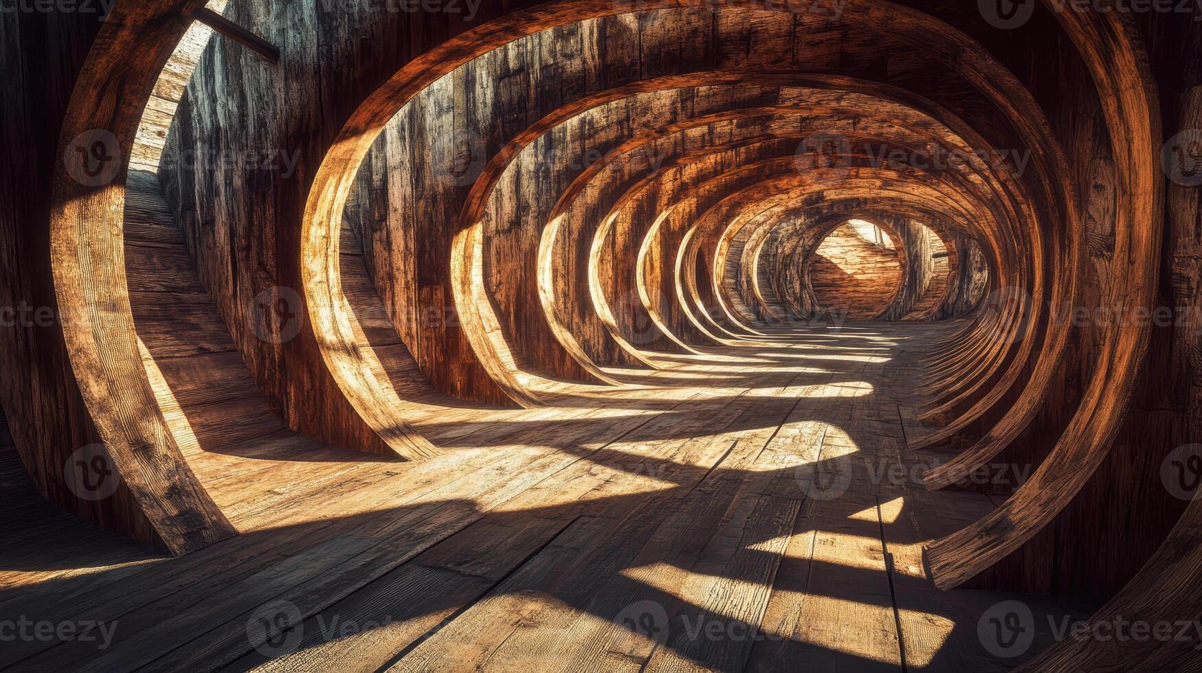 captivating view of curved wooden beams creating unique architectural space photo