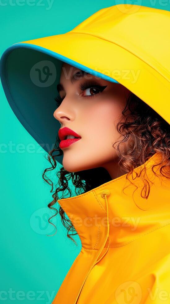 Bright yellow raincoat with stylish hat, showcasing vibrant fashion photo