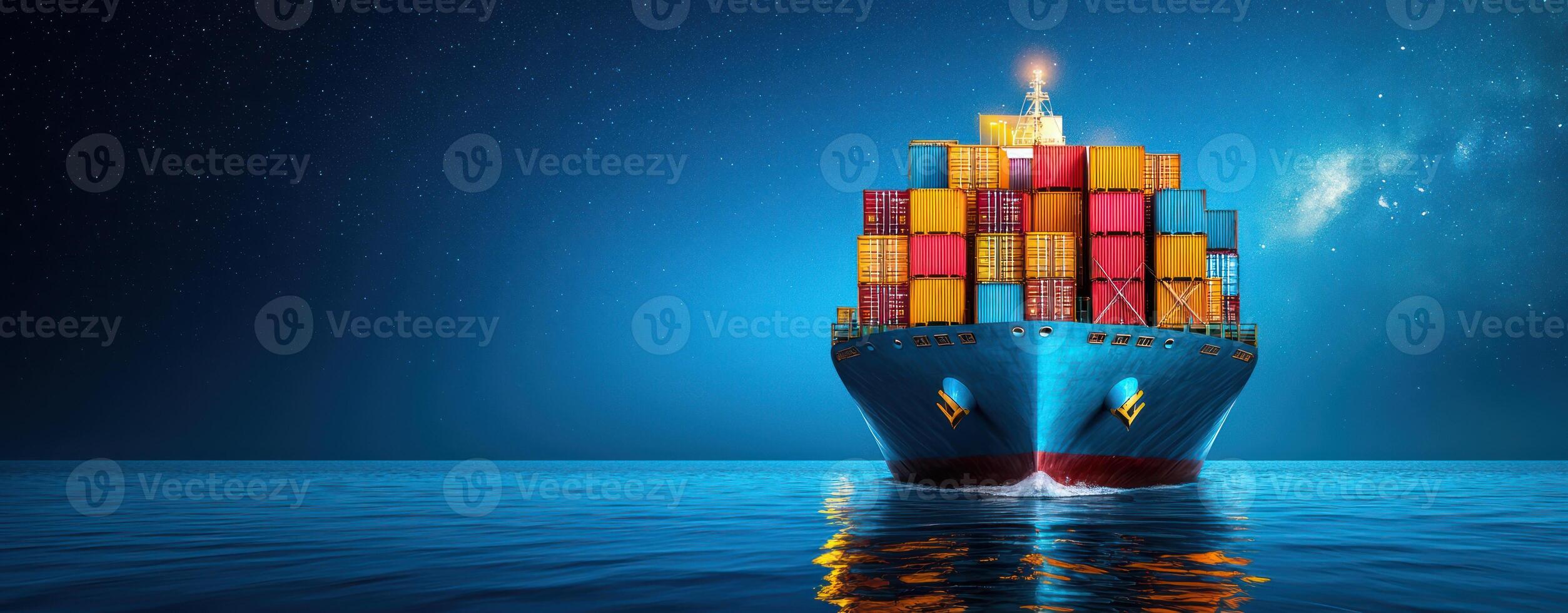 cargo ship illuminated at night, surrounded by calm waters and starry sky photo