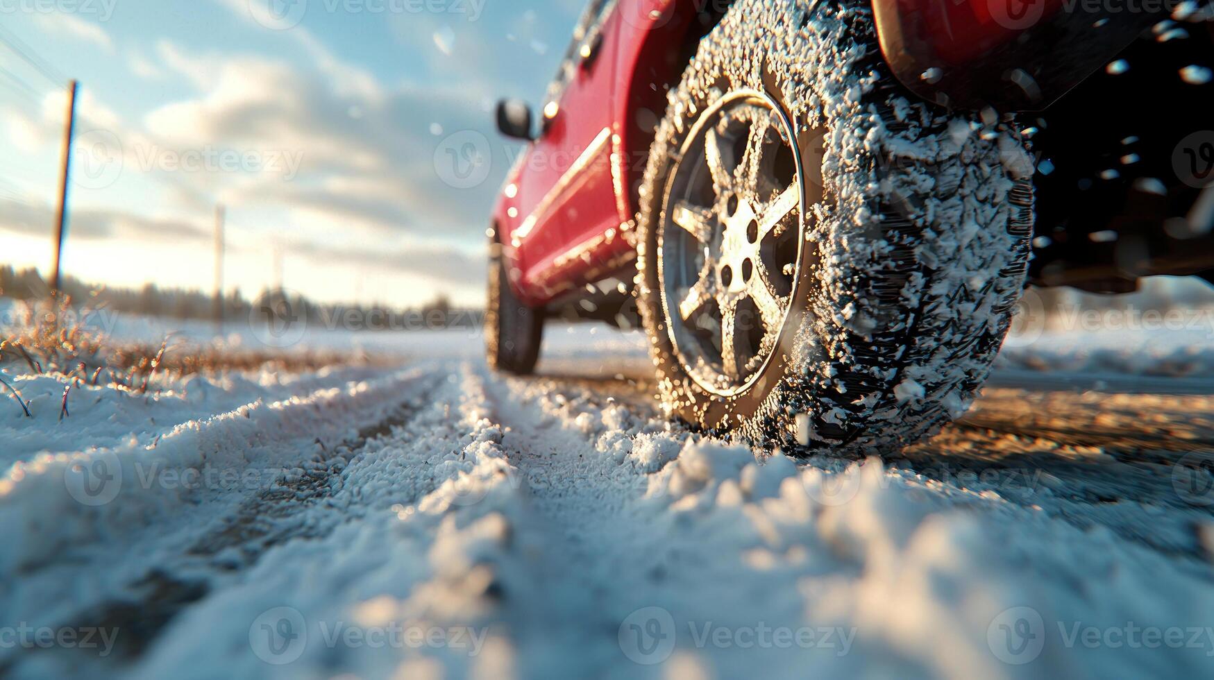 car on snowy road with studless tires, showcasing winter conditions photo