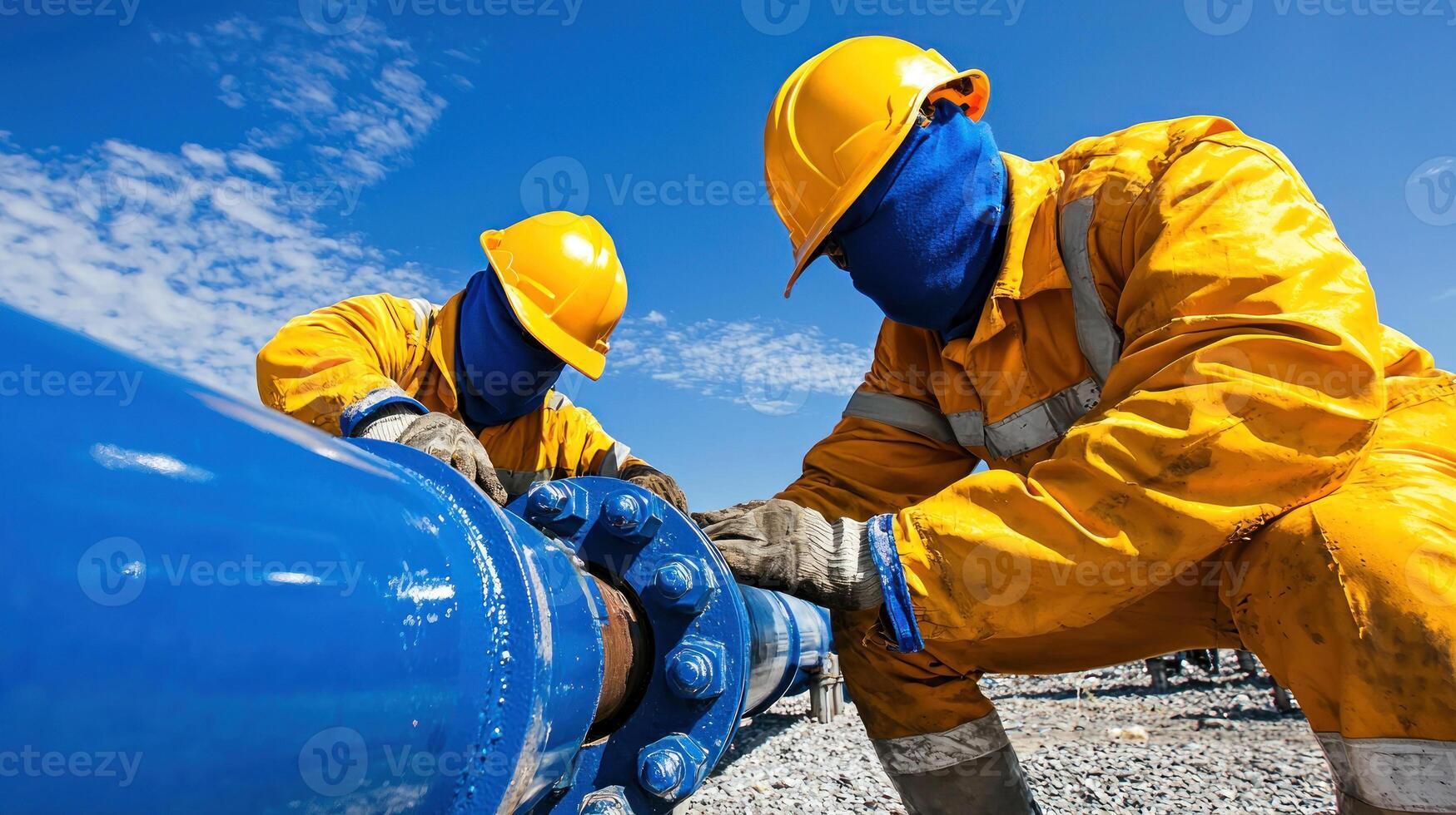 Workers in protective gear are inspecting large blue pipe under clear sky photo