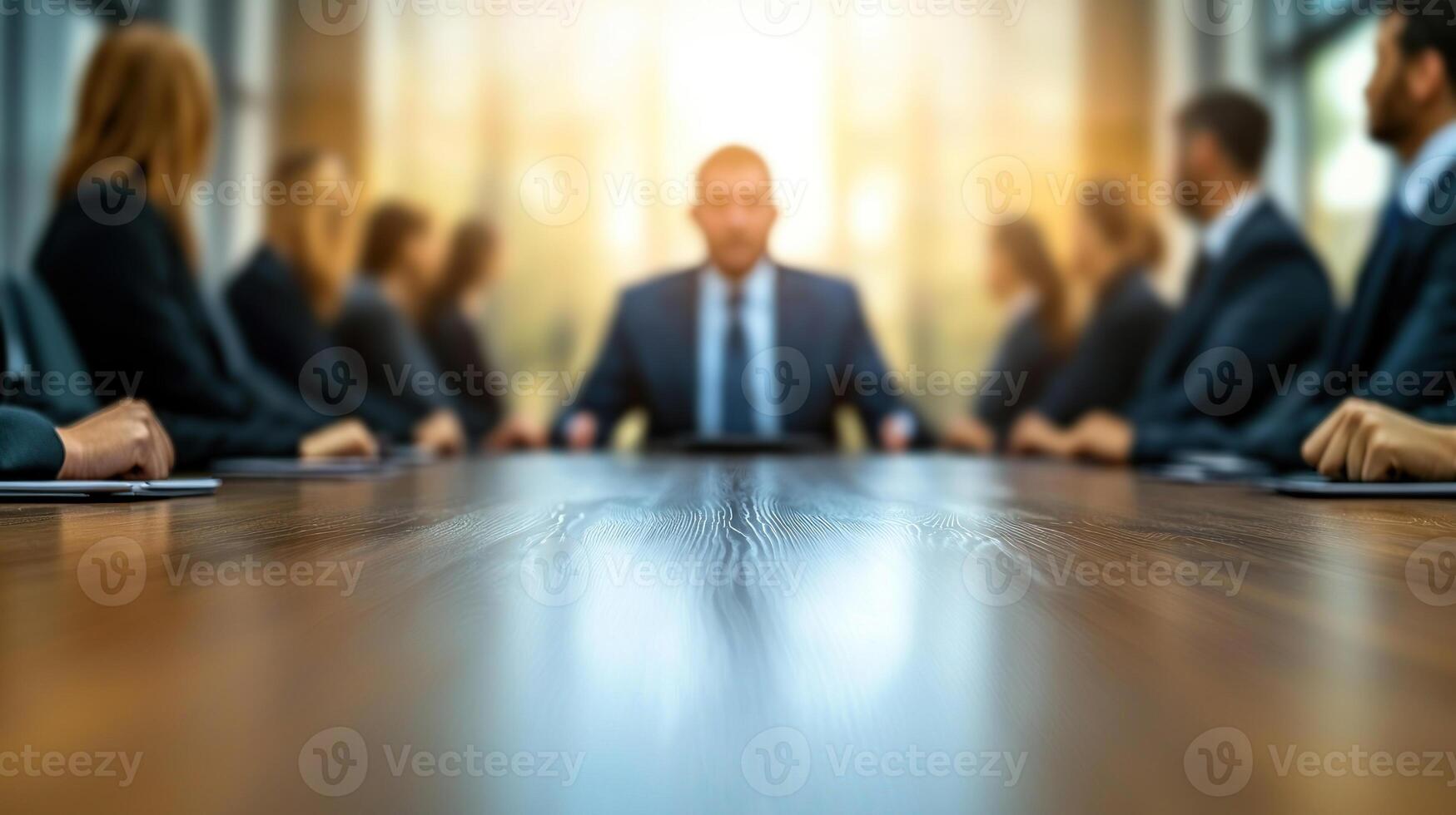 leader sitting at head of long table in conference room, surrounded by colleagues photo