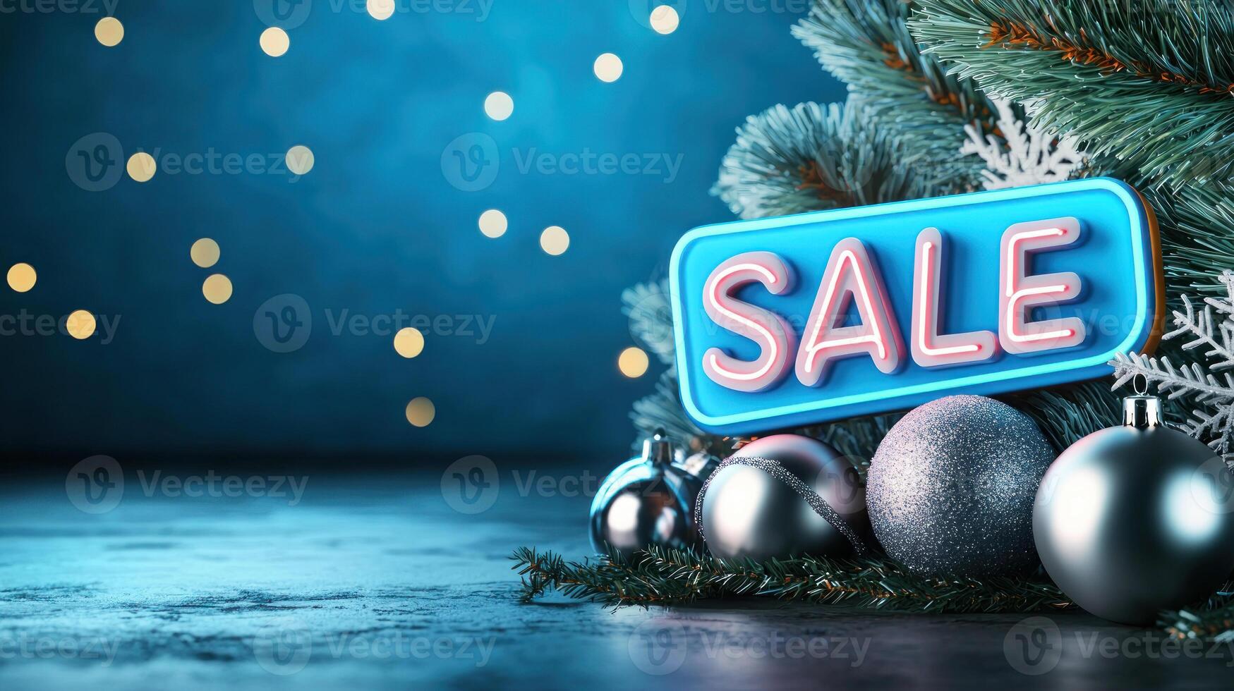 Bright neon sale sign with Christmas ornaments and pine branches photo