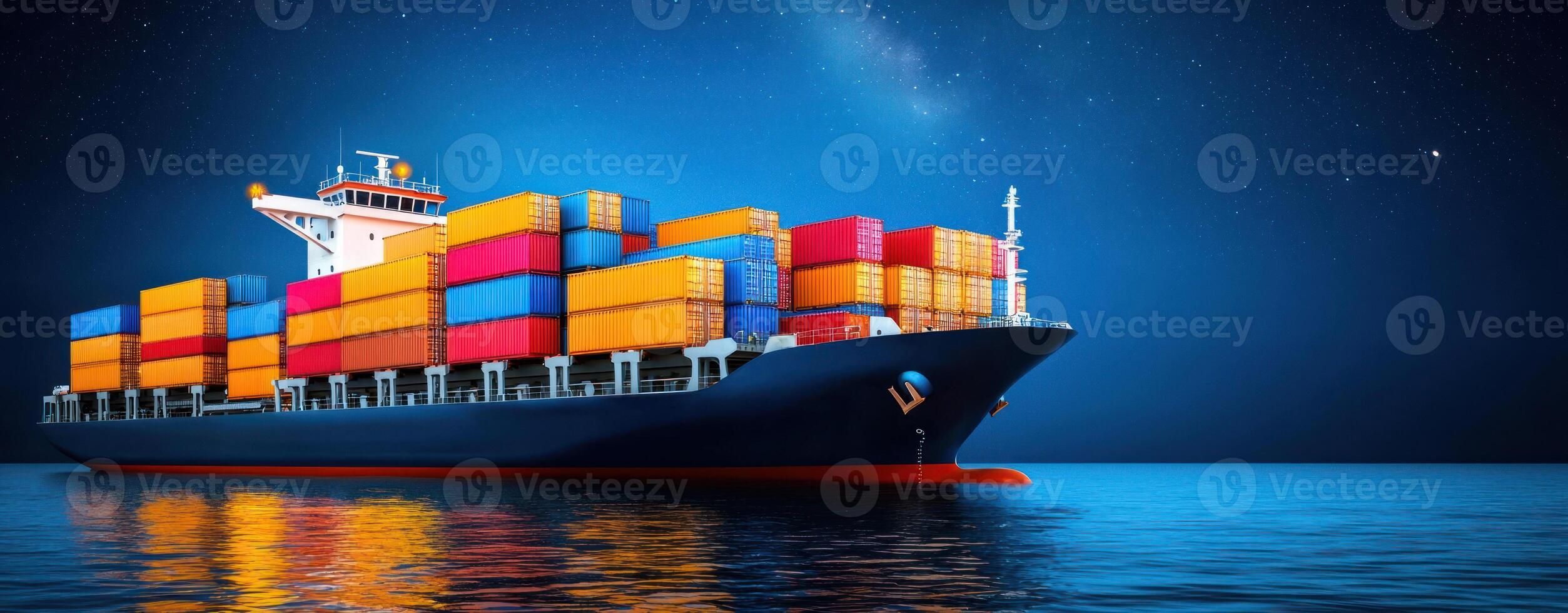 Nighttime view of cargo ship illuminated by deck lights on calm waters photo