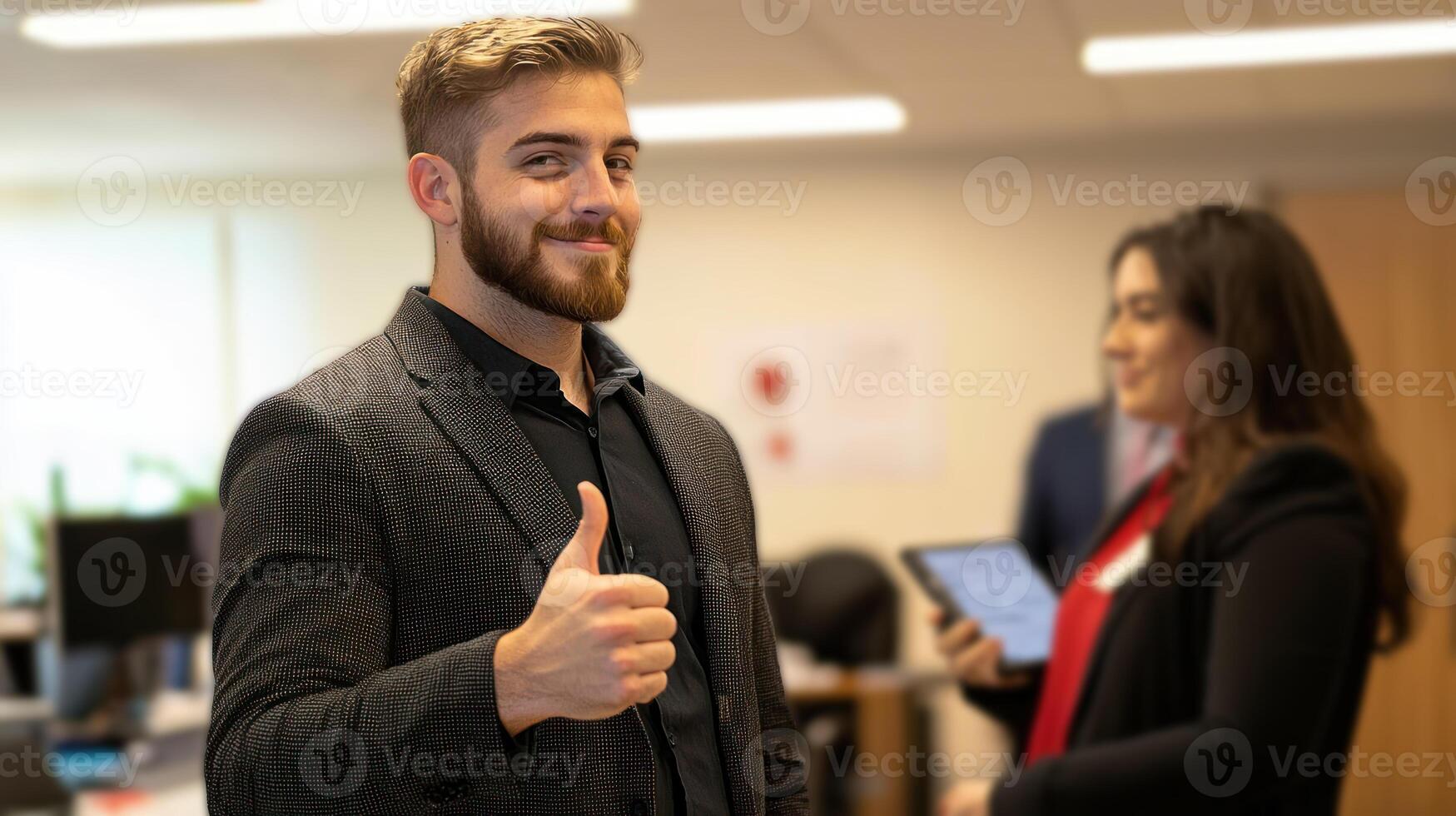 Confident man giving thumbs up in modern office setting photo