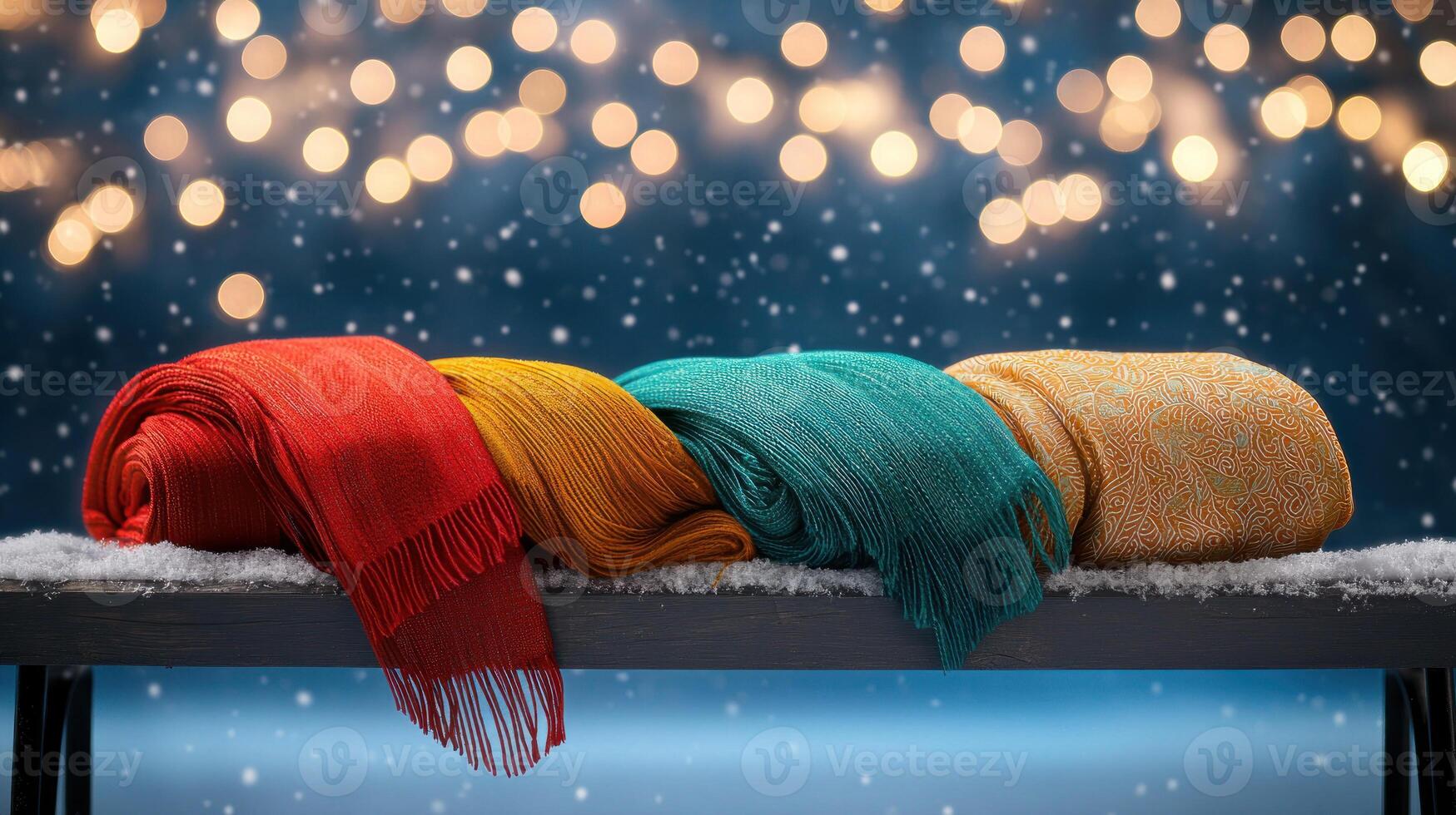Brightly colored winter scarves displayed on snowy surface, creating cozy atmosphere photo