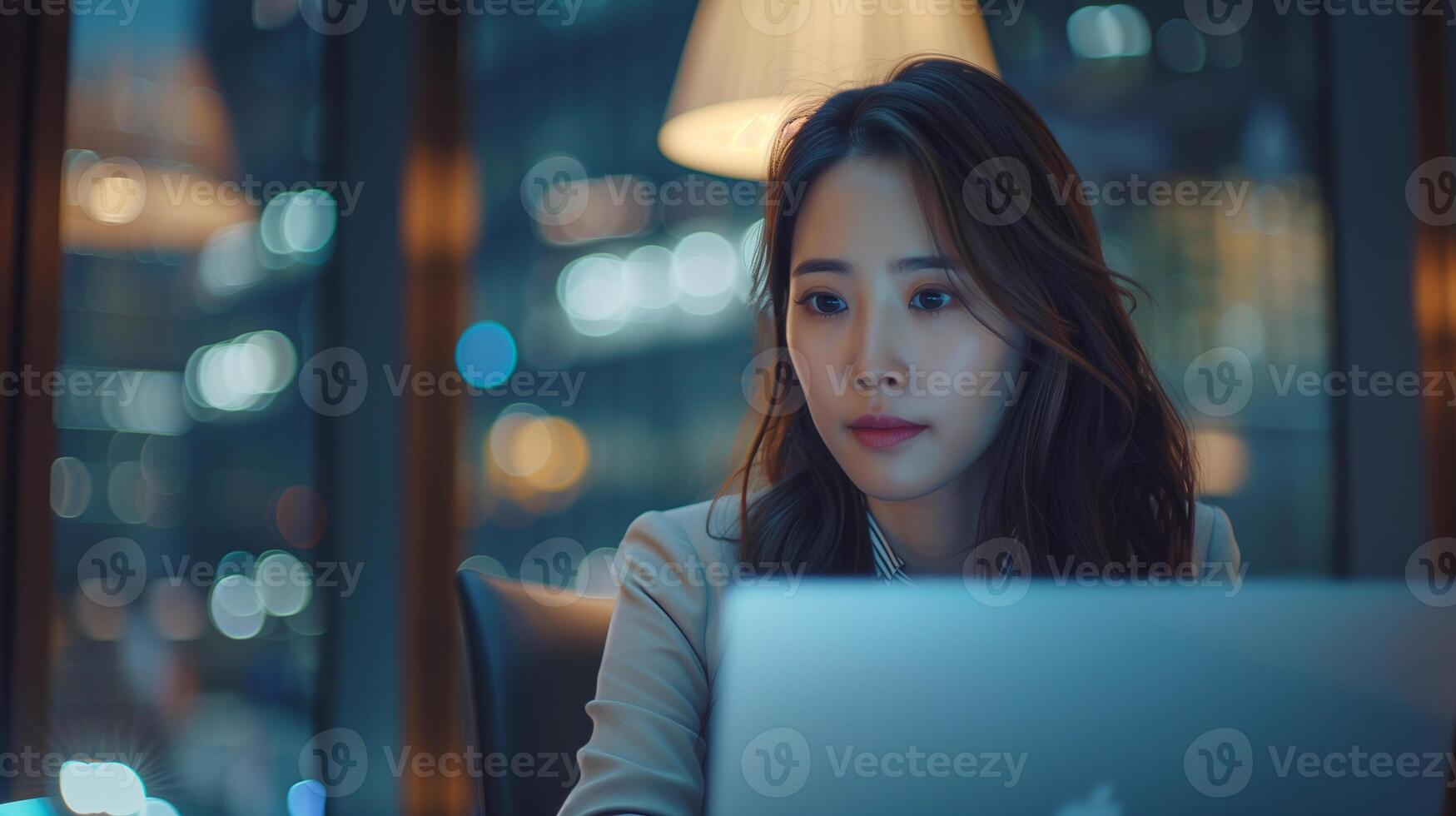 Elegant woman is engrossed in her work, typing away on her laptop at a modern desk setup photo