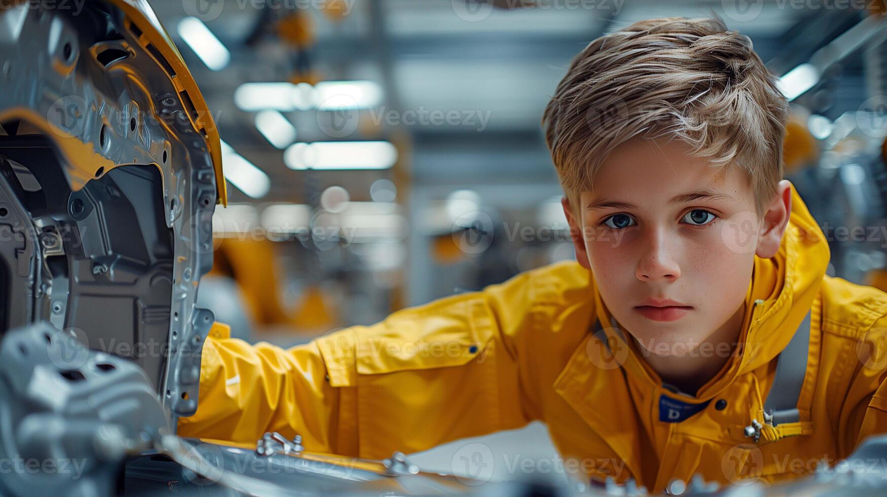 Little car racer is dressed in a yellow racing suit, ready to hit the track photo