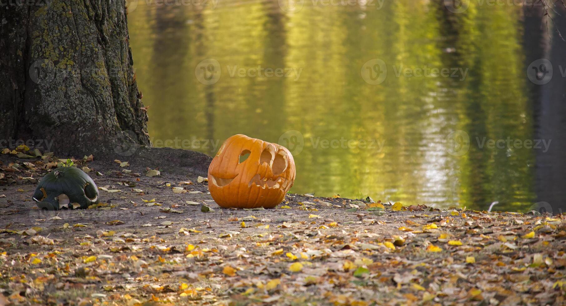A carved jack-o'-lantern sits by a tranquil pond, surrounded by autumn leaves photo