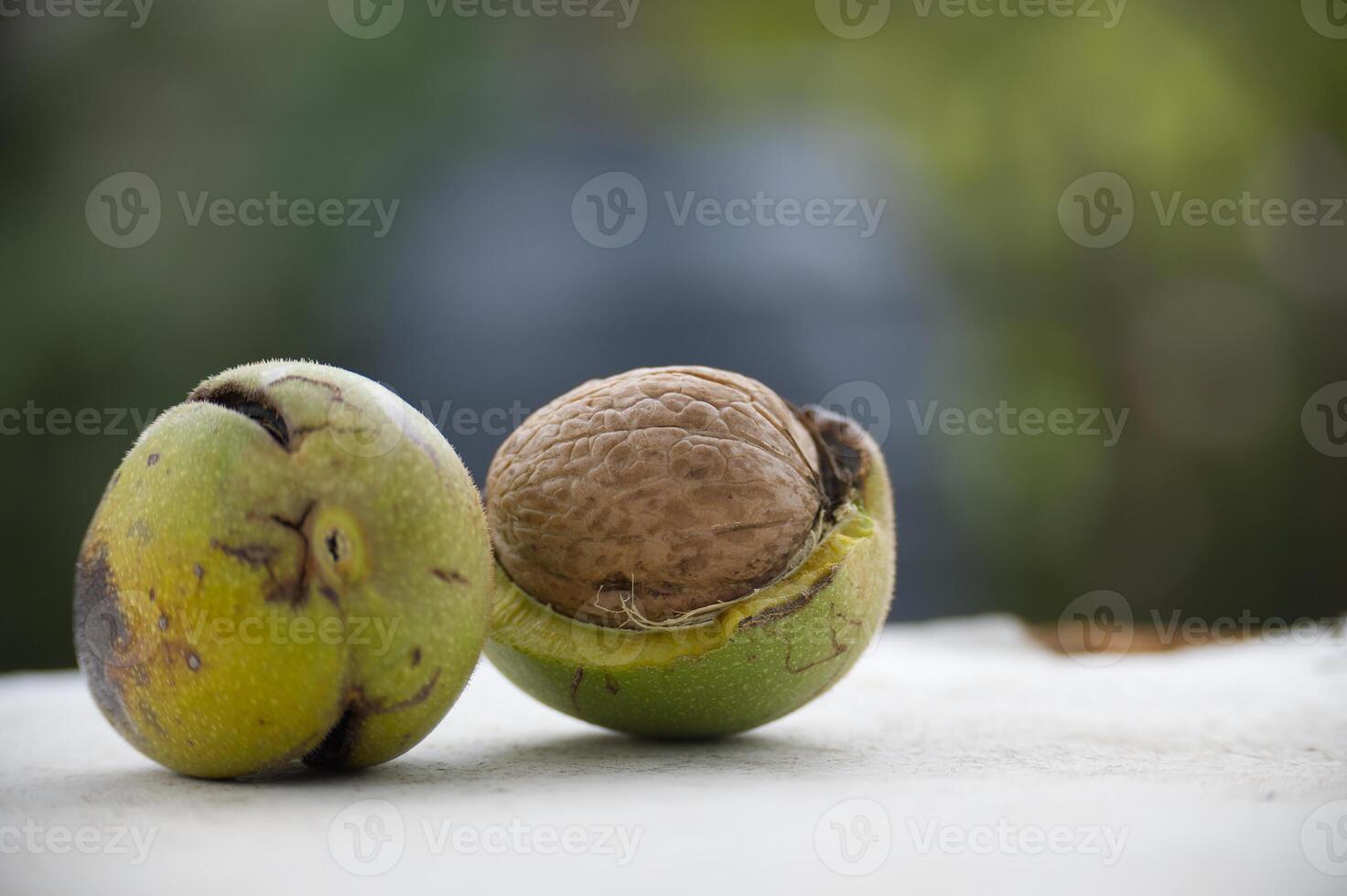 Closeup of fresh walnut and seeds on a textured surface in natural light for autumn harvest concept photo
