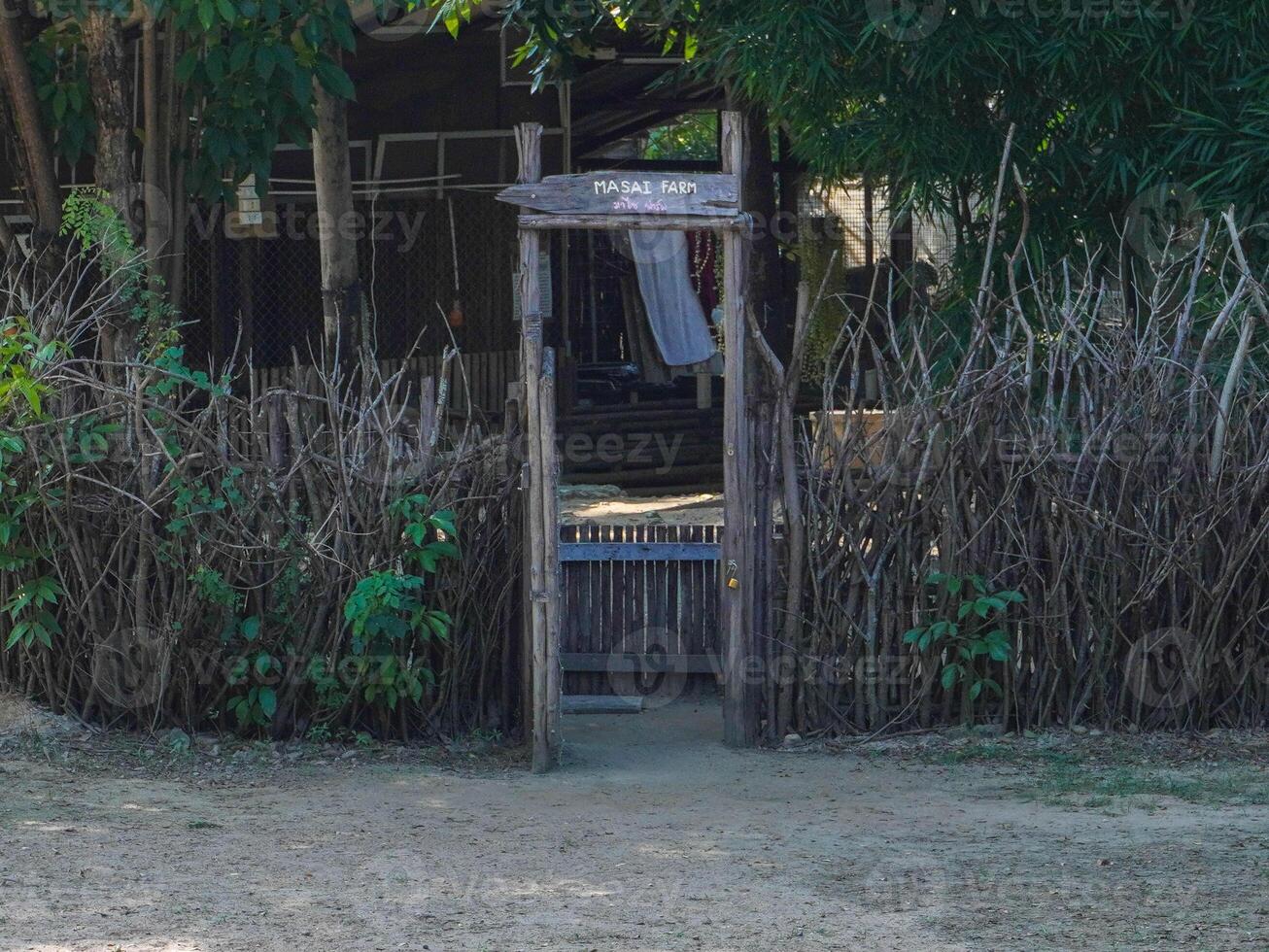 Rustic fence made with tree branches and wooden posts with a small gate leading to the entrance to a mini zoo. photo