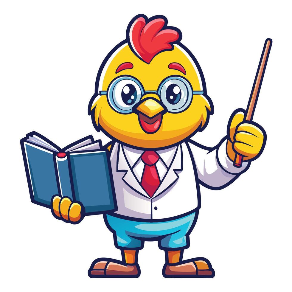 Cartoon of a Cute Chicken Teacher Holding a Book and Pointer for Education vector