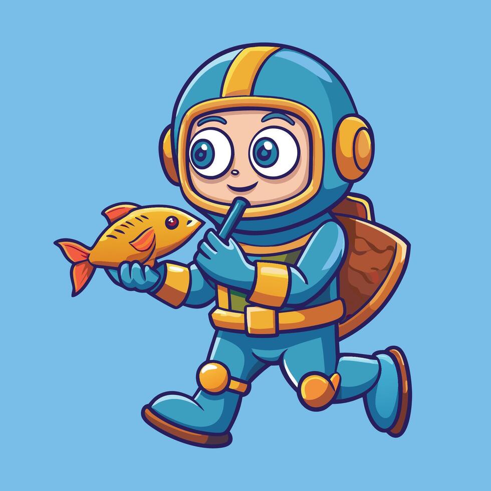 Adorable Cartoon Diver Character Munching a Fish Smiling Illustration vector