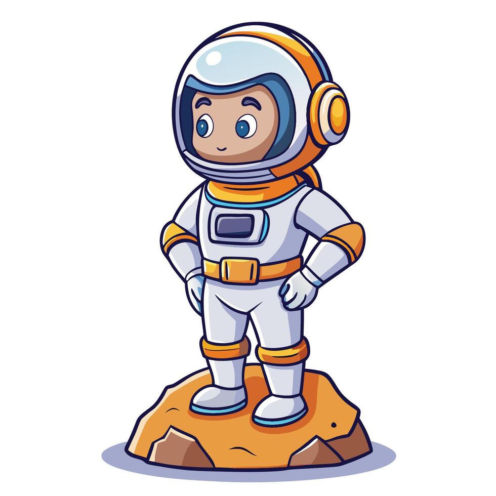 Cartoon Illustration of an Adorable Astronaut Contemplating on a Celestial Boulder vector