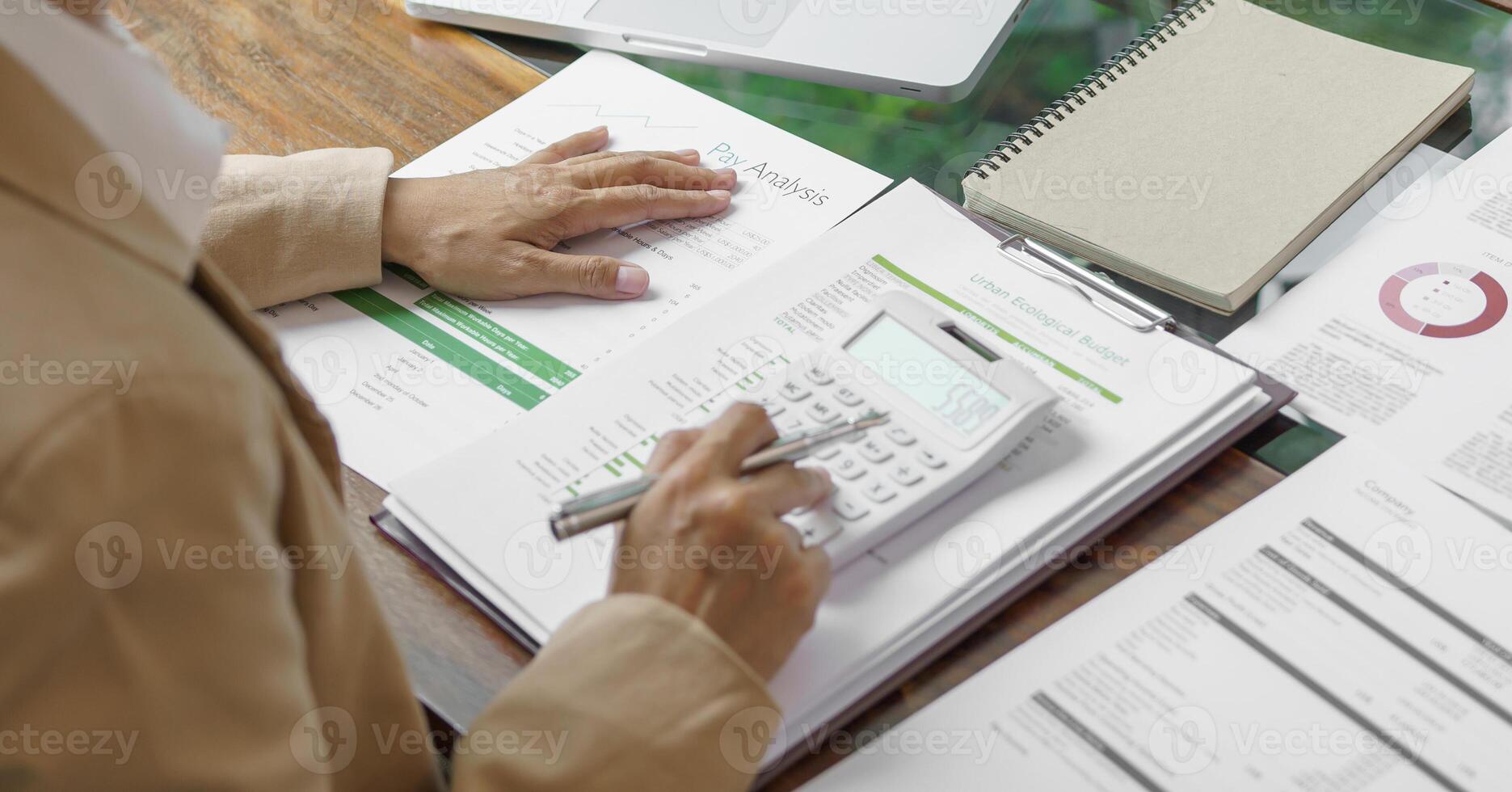 Business woman working in green eco friendly modern working space creative ideas for business eco friendly professional investor start up project business. photo