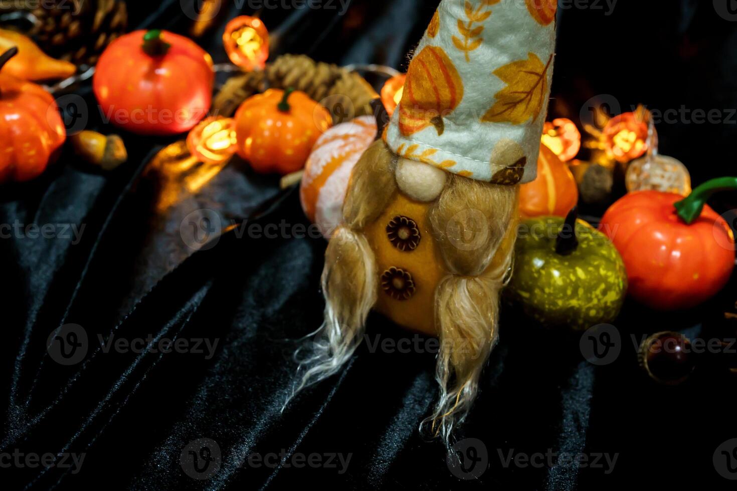 Halloween decorations background. Halloween Scary pumpkin head on wooden table Halloween holiday concept photo