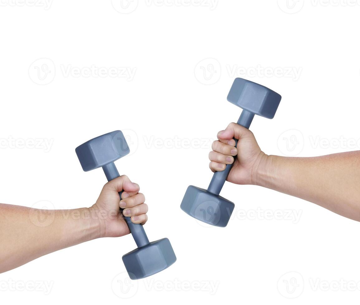 Iron dumbbell in man's hand isolated on white background. photo