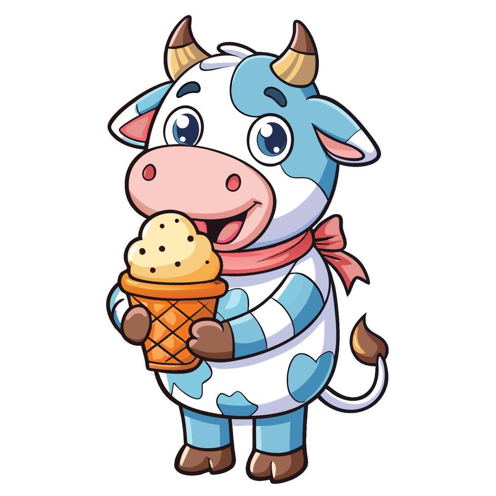 Adorable Cow Indulges in a Delightful Ice Cream Treat - Cartoon Icon vector