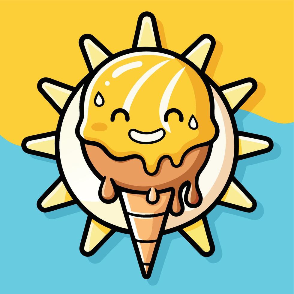 Melting Cartoon Ice Cream Cone Sticker with Animated Drips vector