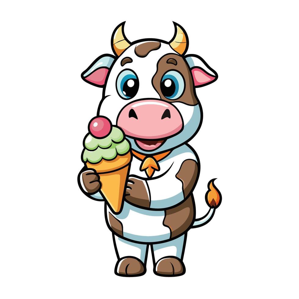 Adorable Cartoon Cow Enjoying a Delicious Ice Cream Treat vector