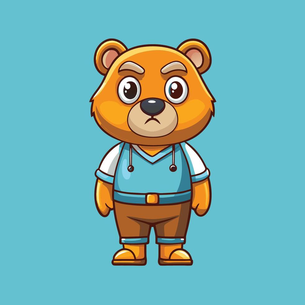 Adorable Bear Cartoon Icon Depicting Anger with Crossed Paws and Glaring Expression vector