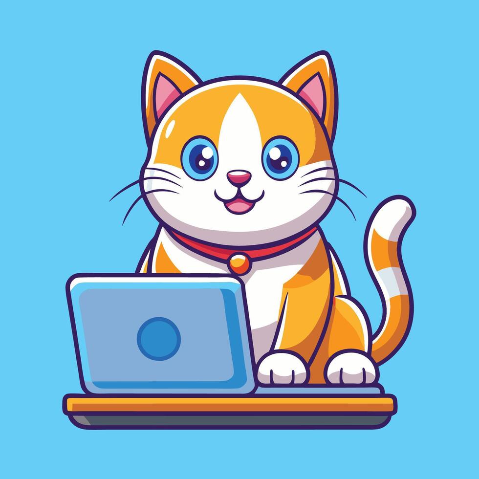 Adorable Cat Observing Intently on a Laptop Screen in Cartoon Style vector