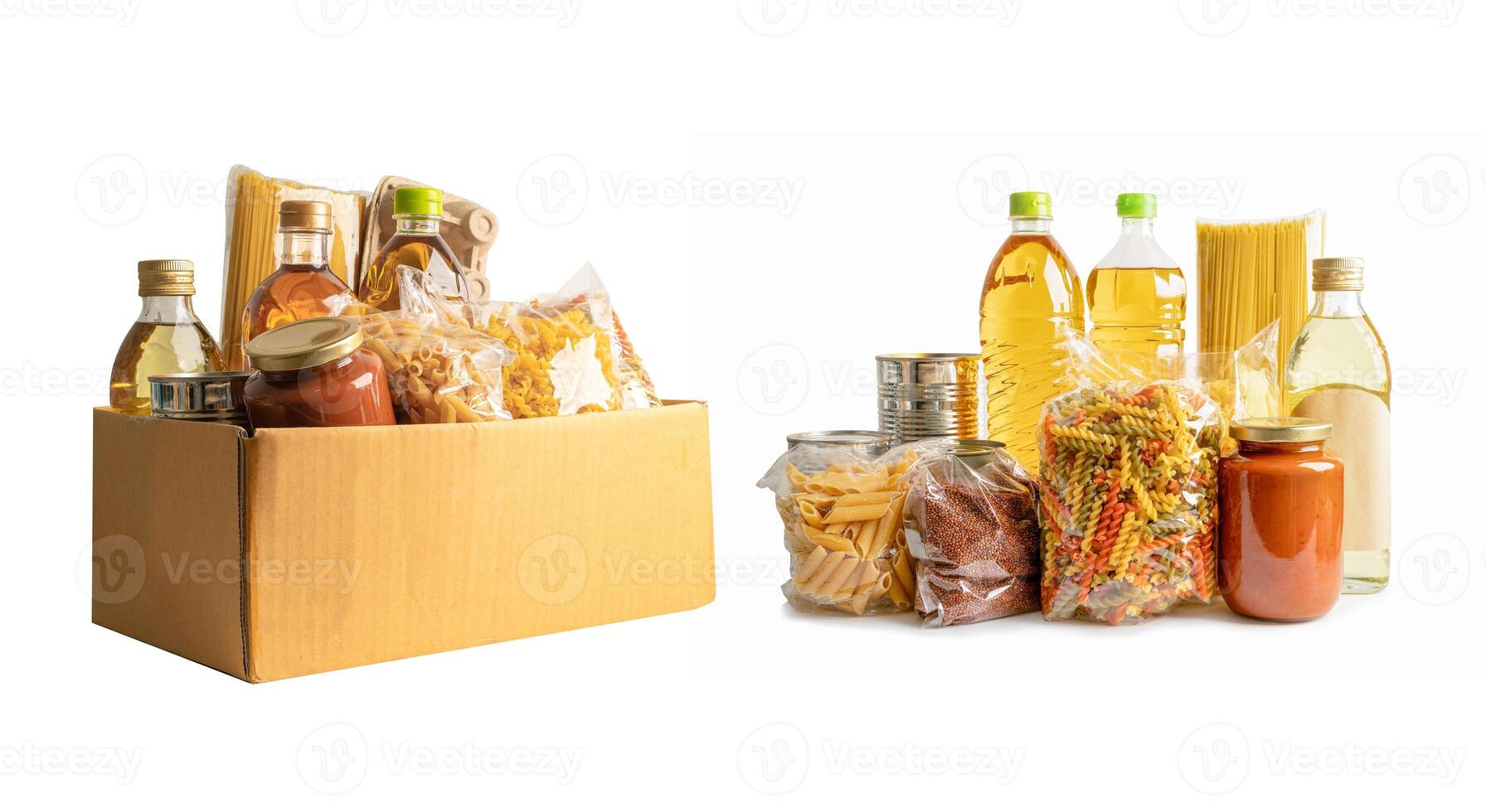 Foodstuff for donation, storage and delivery. Various food, pasta, cooking oil and canned food in cardboard box. photo