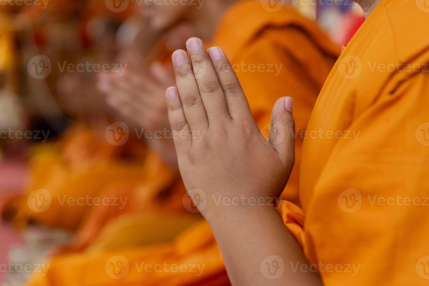 In the morning the monks walk for alms with the Buddhists, offering food to the monks with devotion. photo