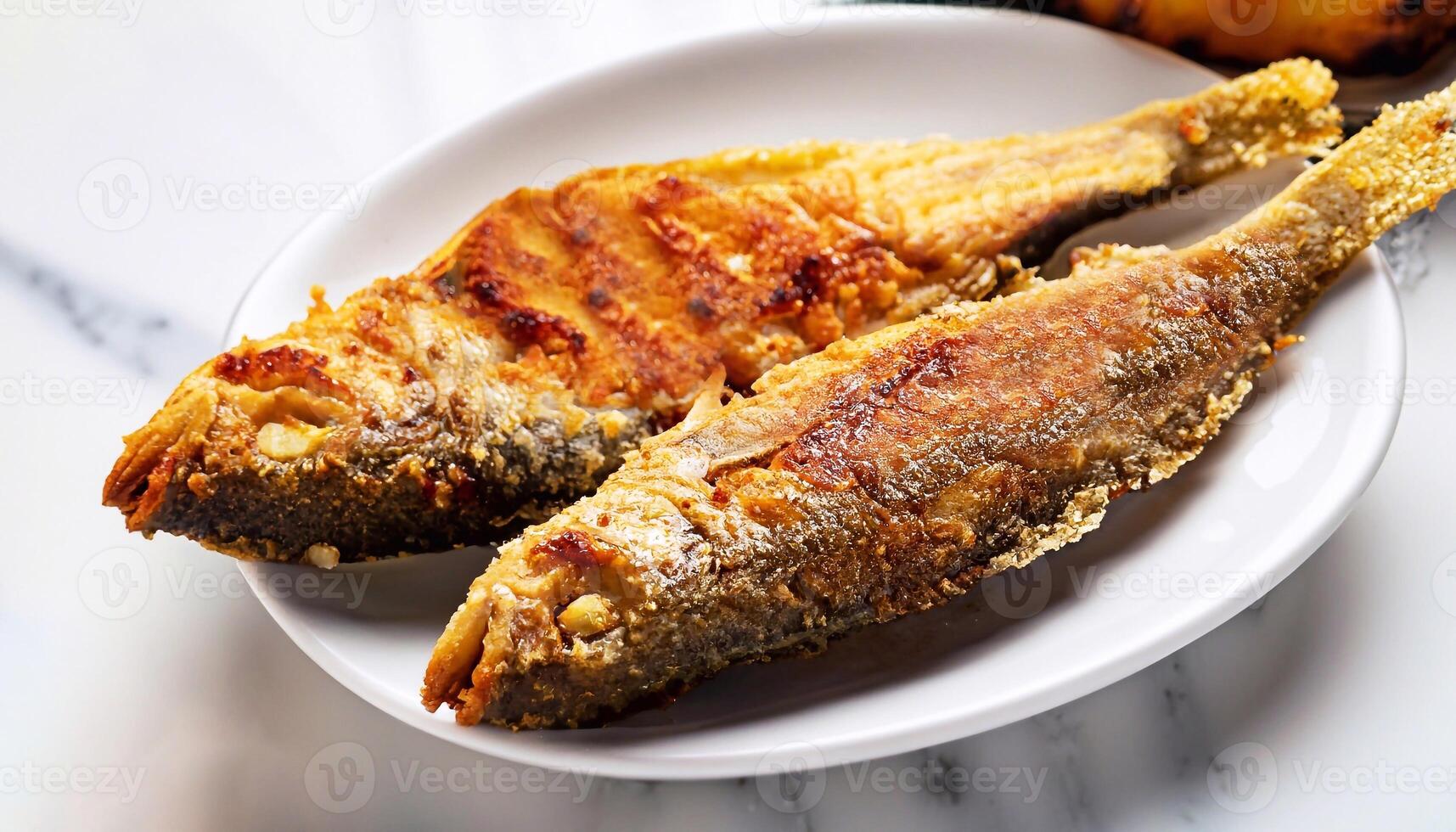 macro shot of fried fish on a plate on a white marble serving table photo