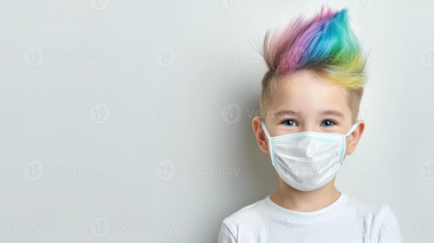happy blond girl with short colorful hair in front of light background, wear in white t shirt photo