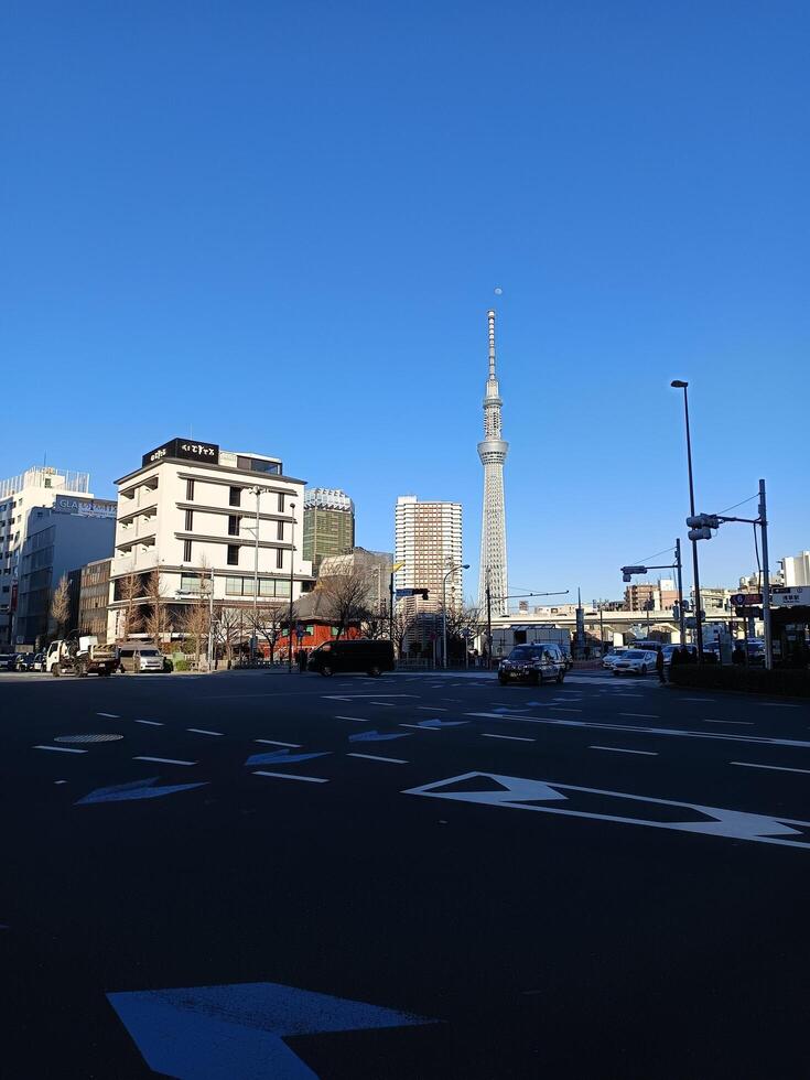 City view of Asakusa Japan, blue sky and building shade casted in street photo