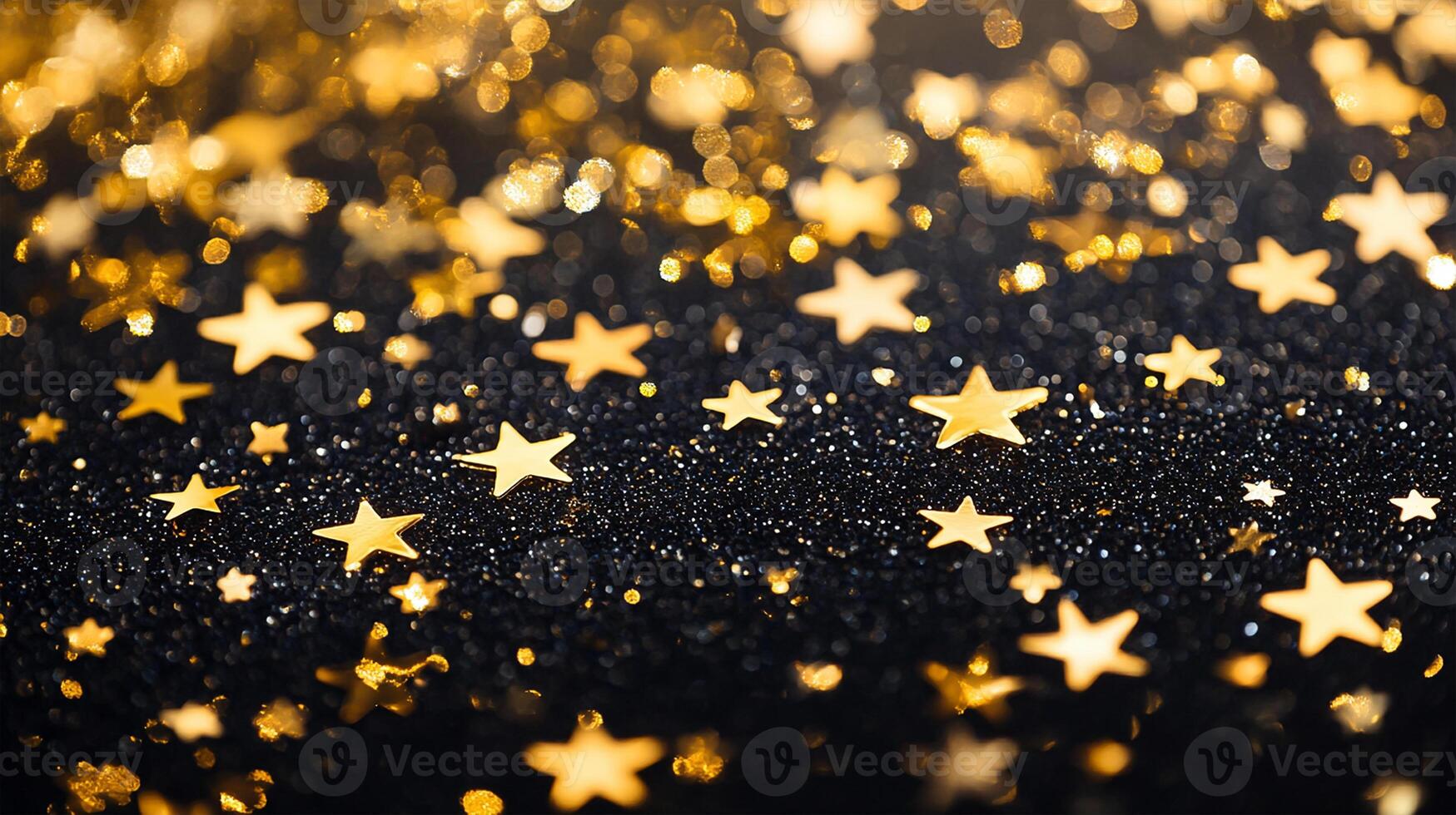 New Year 2025 Celebration with Gold Star Glitter Dust Sparkle on Black Background photo