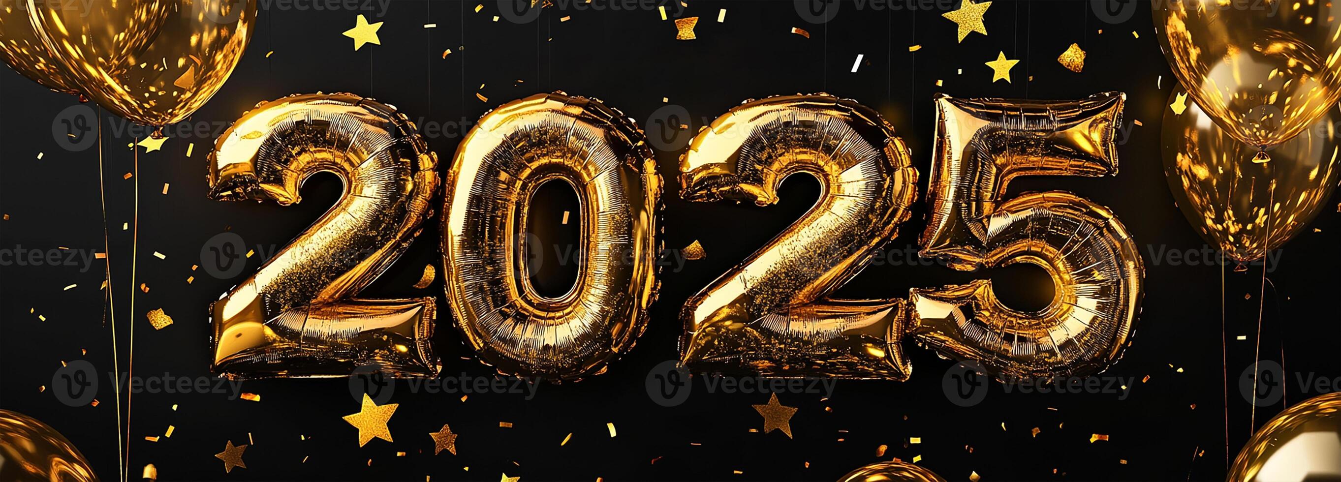New Year 2025 Celebration with Golden Balloons and Confetti on Black Background photo