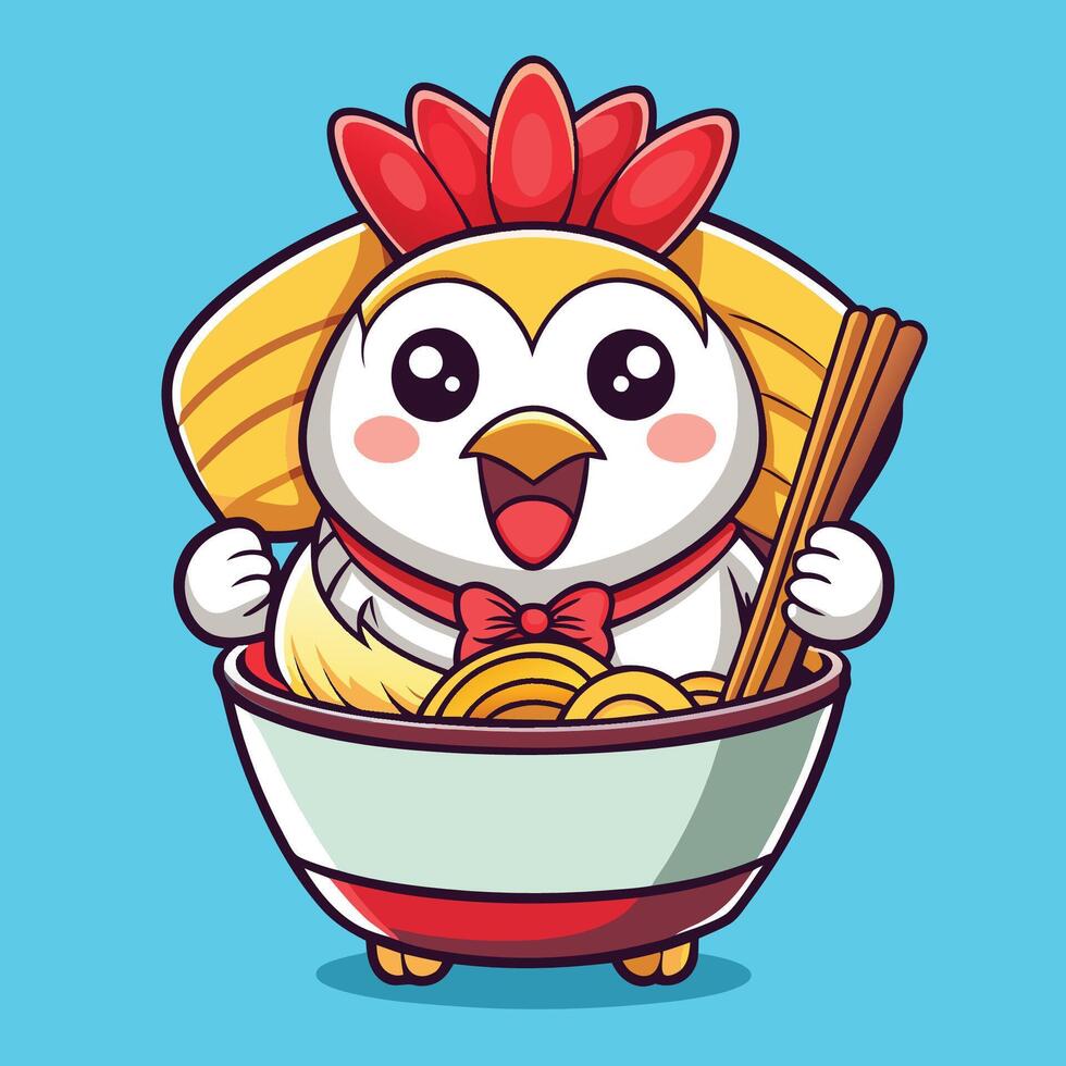 Adorable Cartoon Chicken Relaxing in Ramen Noodle Bowl vector