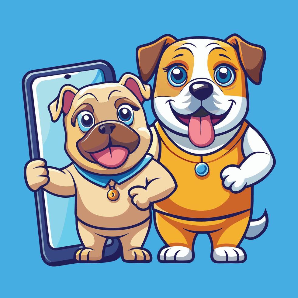 Two Adorable Bulldogs Taking a Selfie with a Phone vector