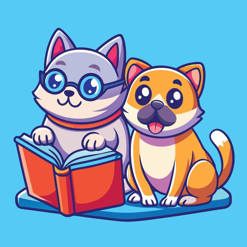 Adorable Cat and Pug Companions Share a Book Adventure vector