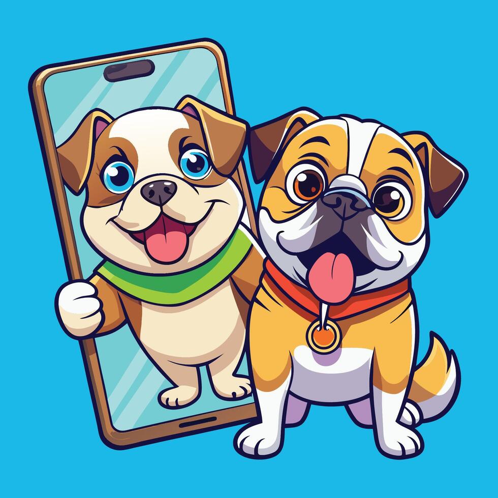 Adorable Bulldog and Pug Dogs Taking a Cute Selfie with a Phone in a Cartoon Style vector