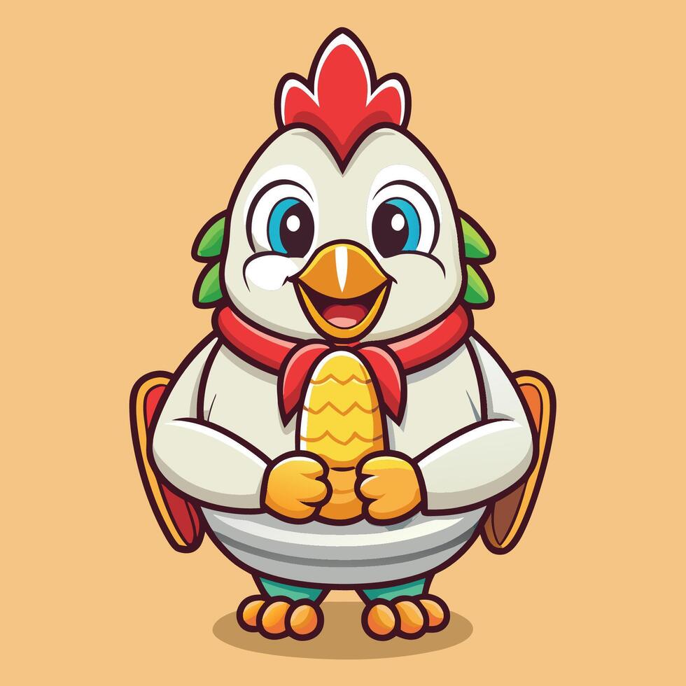 Adorable Cartoon Chicken Holding Ripe Corn on the Cob Illustration vector