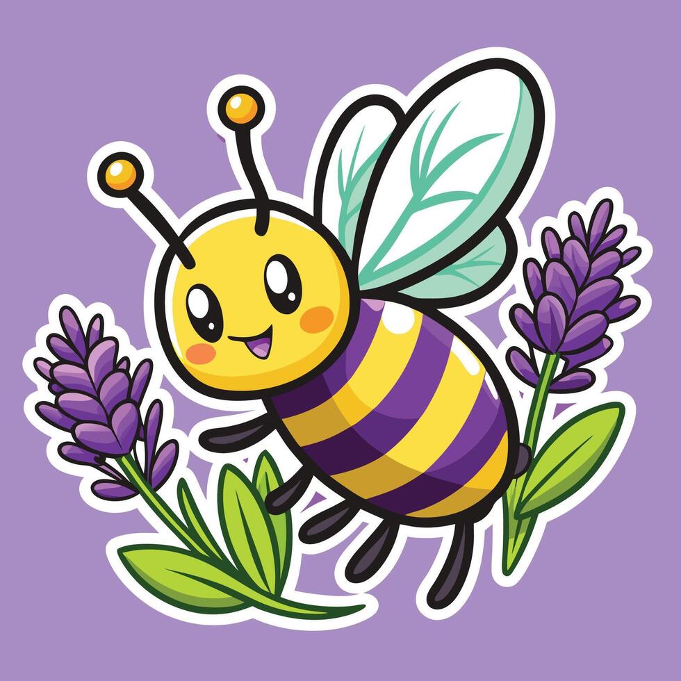 Animated Cartoon Sticker of Buzzing Bee Surrounding a Lavender Plant vector