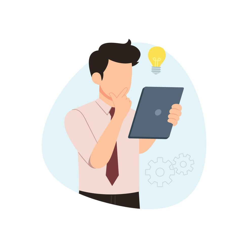 Businessman thinking and analysis data on tablet computer isolated on white background vector