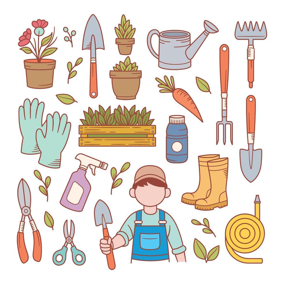 Set of Gardener Tools in Doodle hand drawn style illustration vector